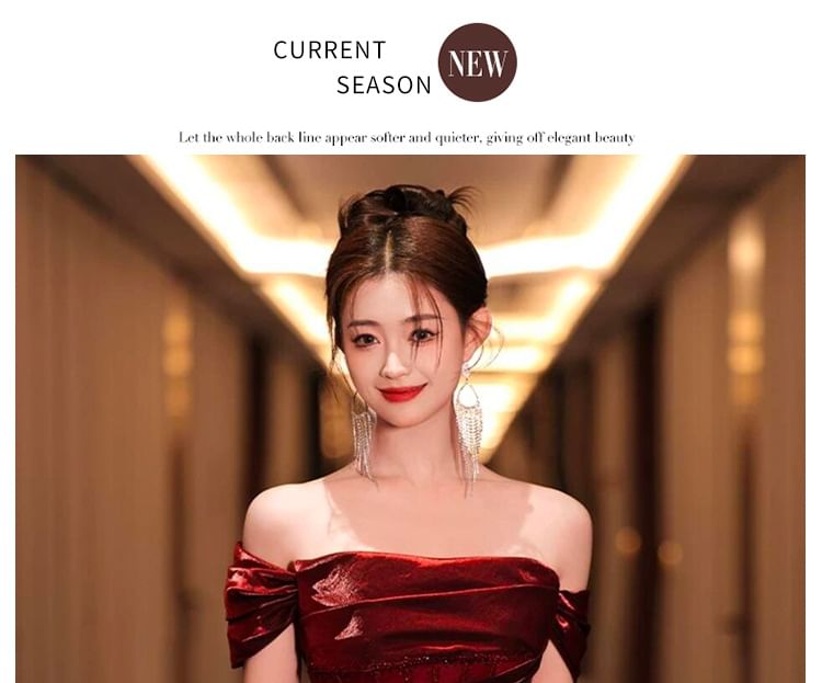 Glitter Maternity Evening Off-Shoulder Gown Ruched A-Line Short-Sleeve