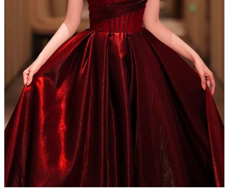 Glitter Maternity Evening Off-Shoulder Gown Ruched A-Line Short-Sleeve