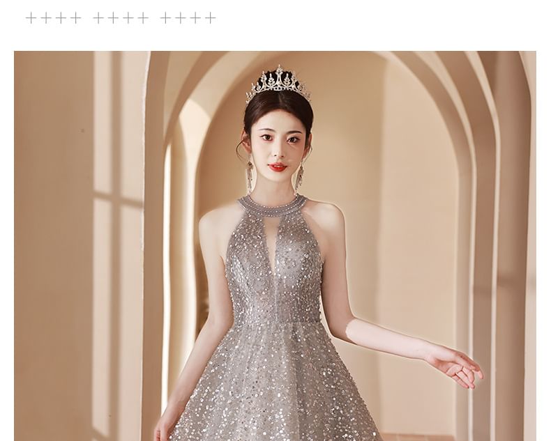 Neck Sequin Gown Cutout Halter A-Line Evening
