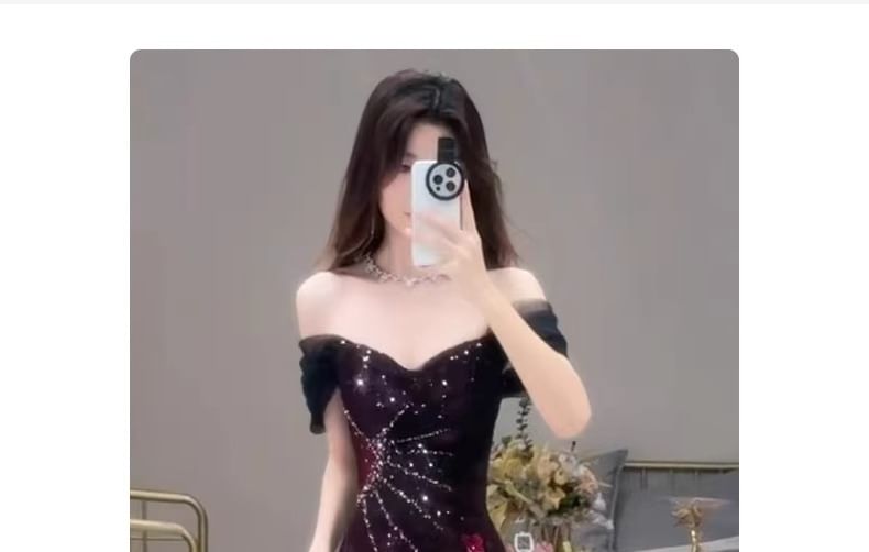 Accent Evening Floral Sequin Gown Mermaid Short-Sleeve Off-Shoulder