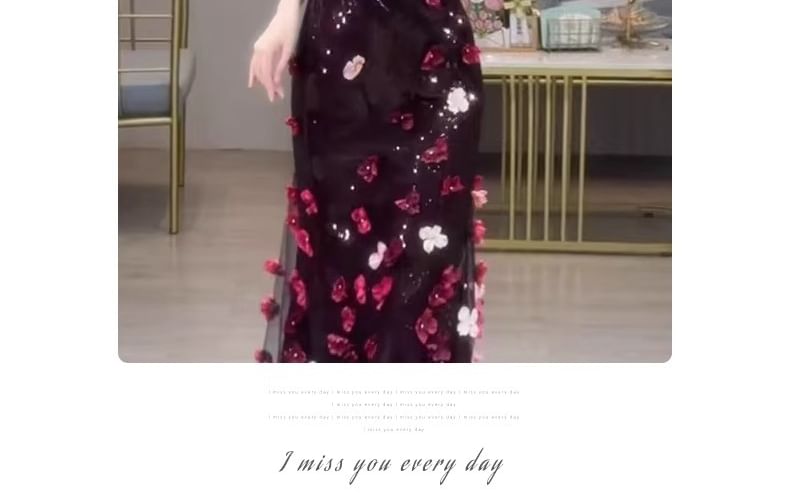 Accent Evening Floral Sequin Gown Mermaid Short-Sleeve Off-Shoulder