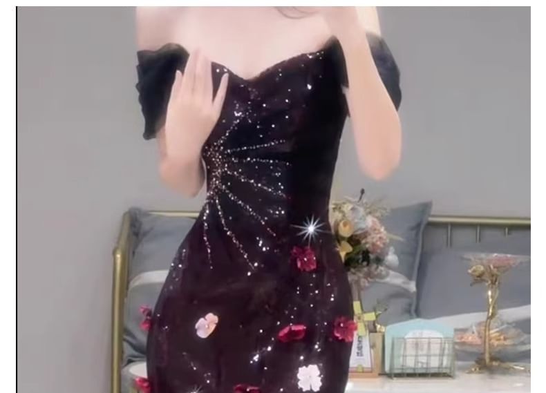 Accent Evening Floral Sequin Gown Mermaid Short-Sleeve Off-Shoulder