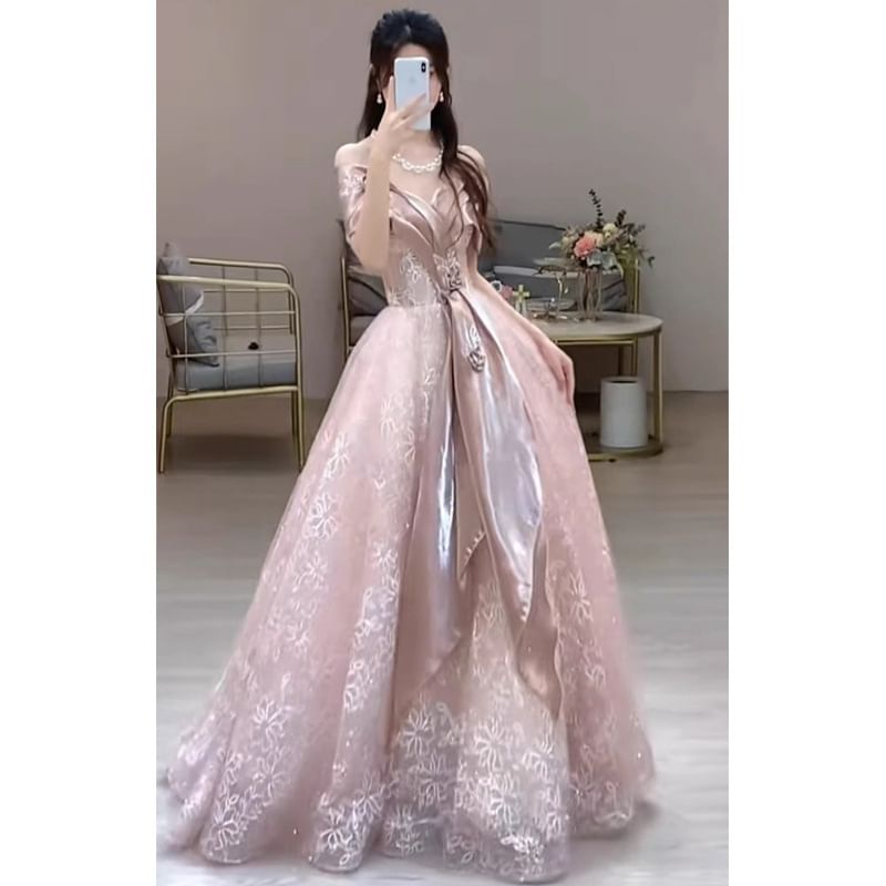 Lace Off-Shoulder Gown Evening Floral Short-Sleeve Accent A-Line