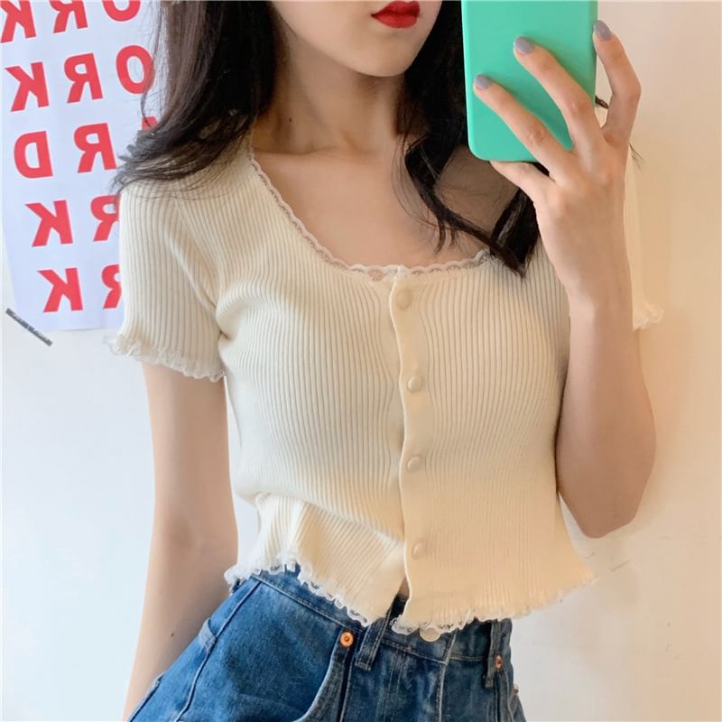 Scoop Neck Ribbed Lace Trim Knit Crop Tee - Sleeved