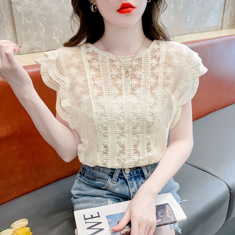 Crewneck Lace Tee - Cap Sleeved