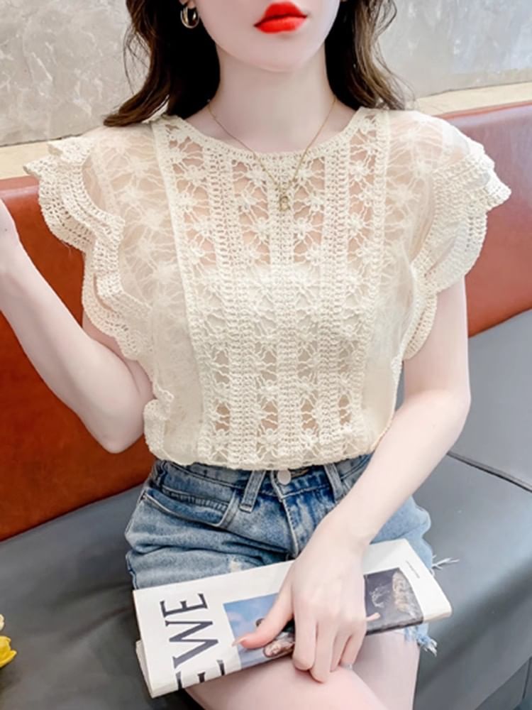 Crewneck Lace Tee - Cap Sleeved