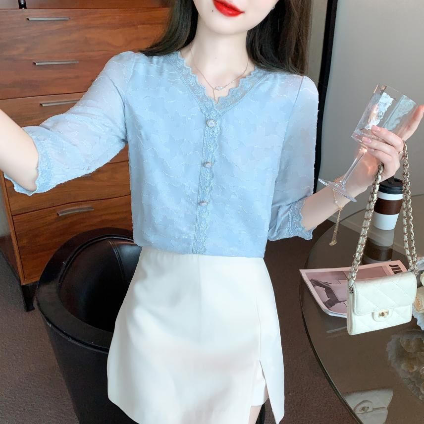 V-Neck Lace Trim Plain Top - Three-Quarter Sleeve