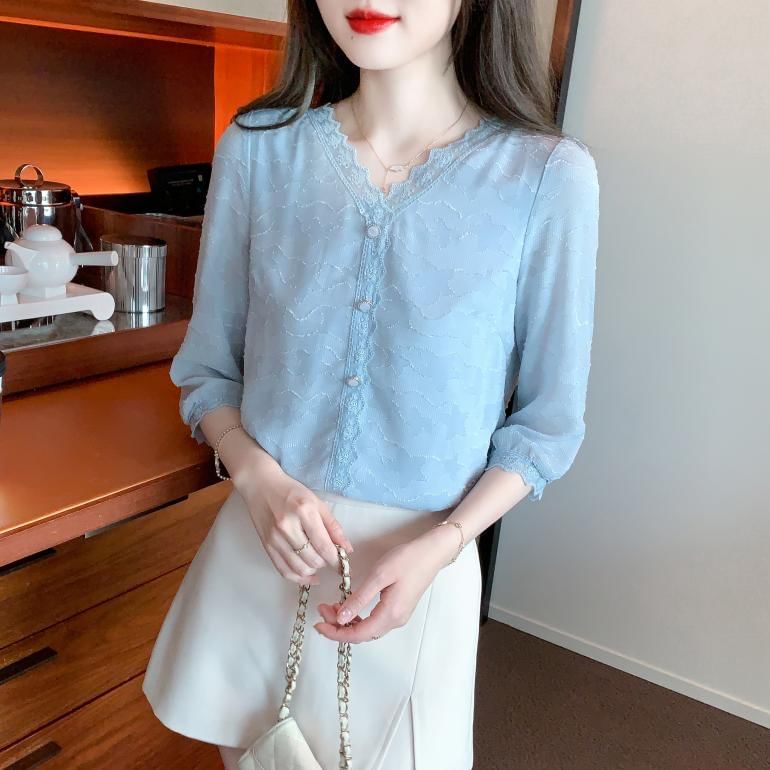 V-Neck Lace Trim Plain Top - Three-Quarter Sleeve