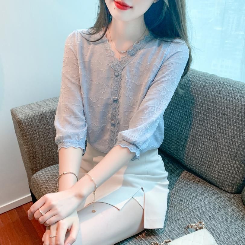 V-Neck Lace Trim Plain Top - Three-Quarter Sleeve