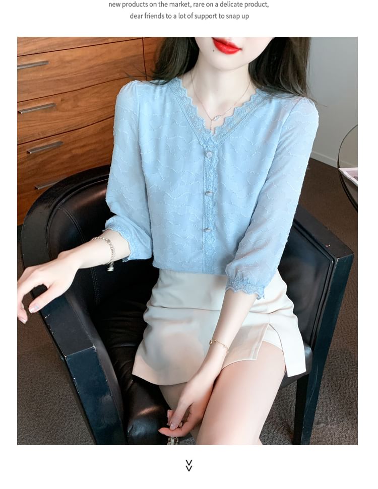 V-Neck Lace Trim Plain Top - Three-Quarter Sleeve