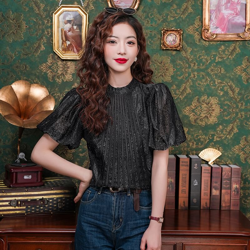 Crewneck Lace Blouse - Puff Sleeved