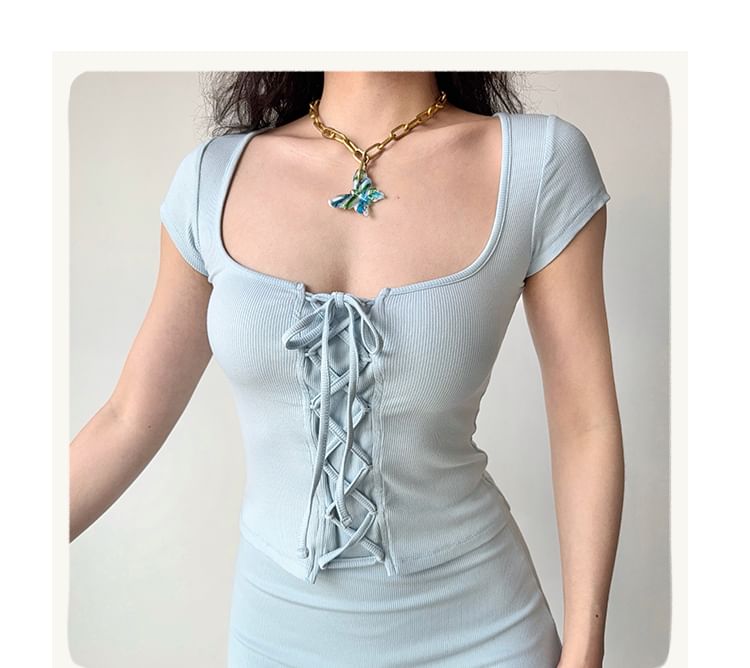 Scoop Neck Ribbed Lace Up Crop Tee - Short Sleeved