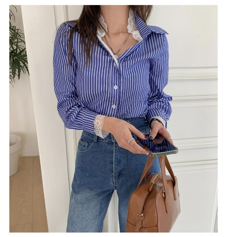 Collared Mock Two Piece Panel Lace Shirt - Long Sleeved