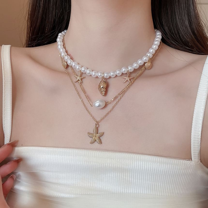Pendant Pearl + Faux of 3: Choker Set Alloy Starfish Necklace