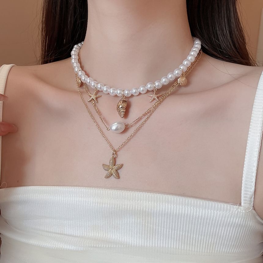 Pendant Pearl + Faux of 3: Choker Set Alloy Starfish Necklace