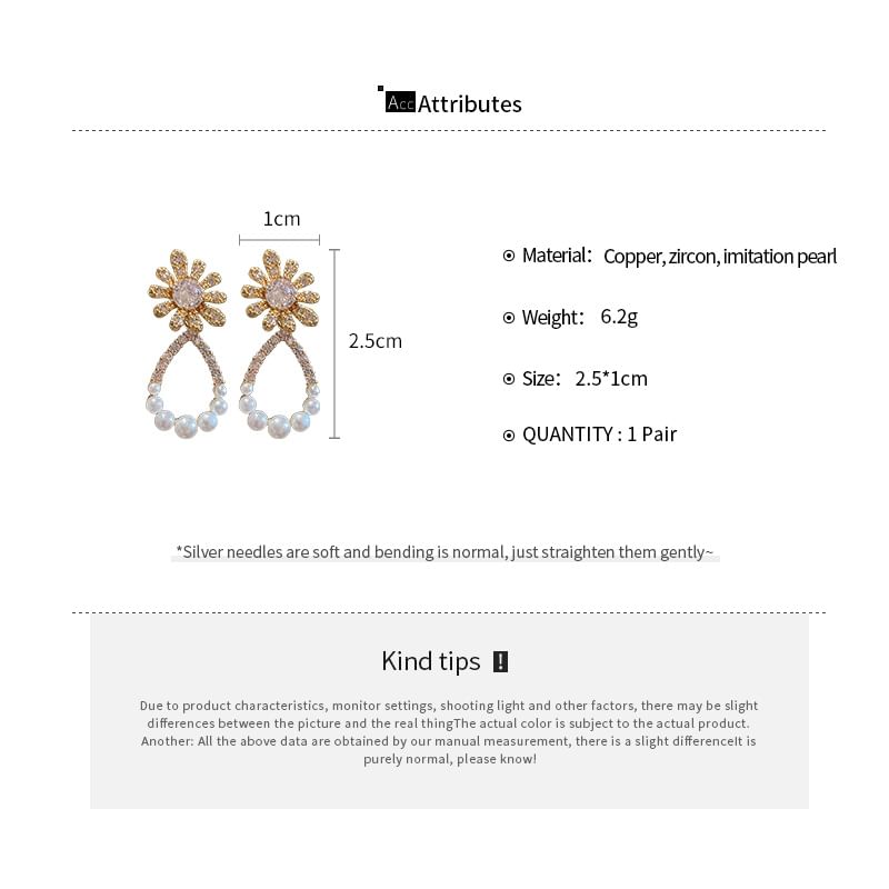 Floral Rhinestone Faux Pearl Alloy Drop Earring