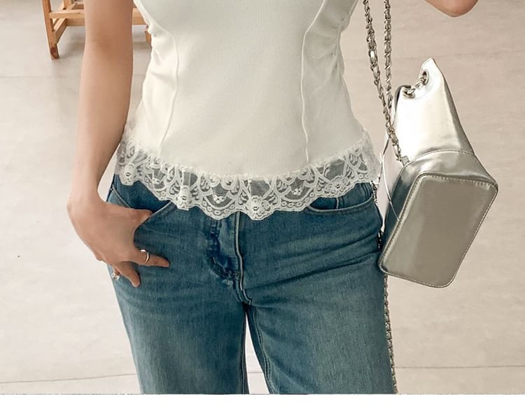 V-Neck Ribbed Lace Trim Slim Tee - Short Sleeved