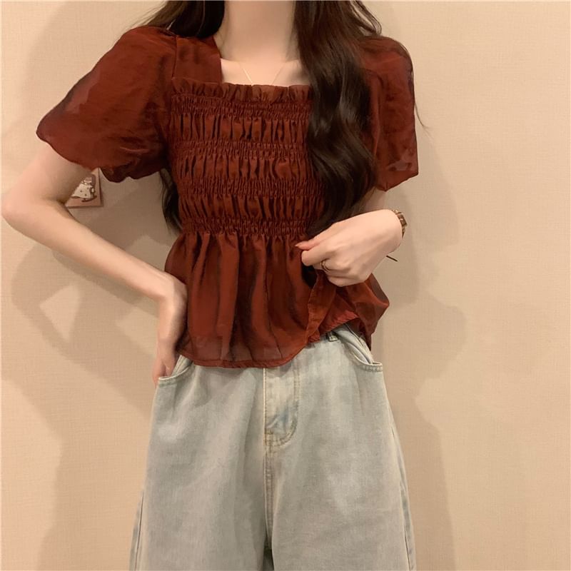 Neck Blouse Peplum Ruched Square Short-Sleeve Plain