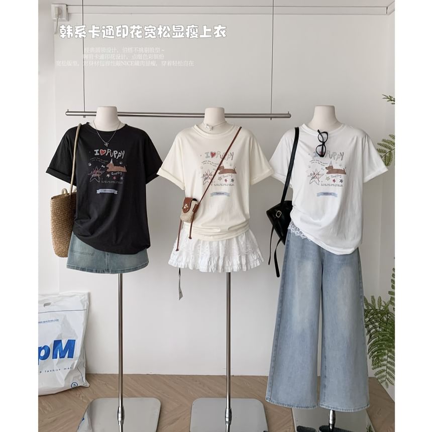 Neck Tee Cartoon Short-Sleeve Crew Print