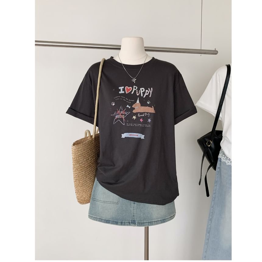 Neck Tee Cartoon Short-Sleeve Crew Print