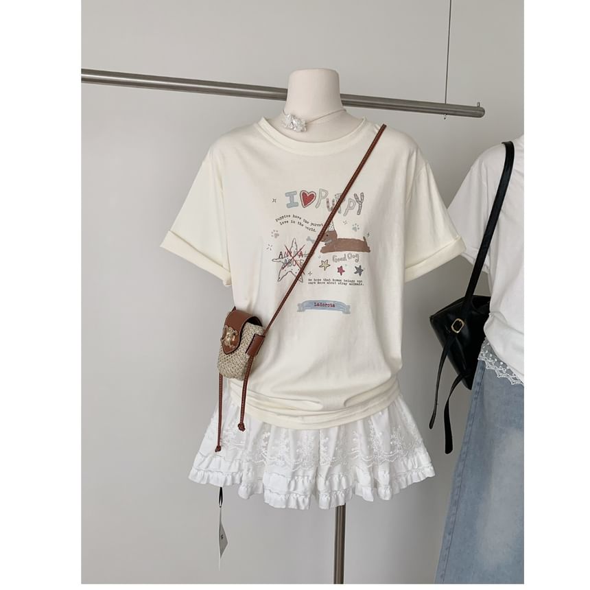 Neck Tee Cartoon Short-Sleeve Crew Print