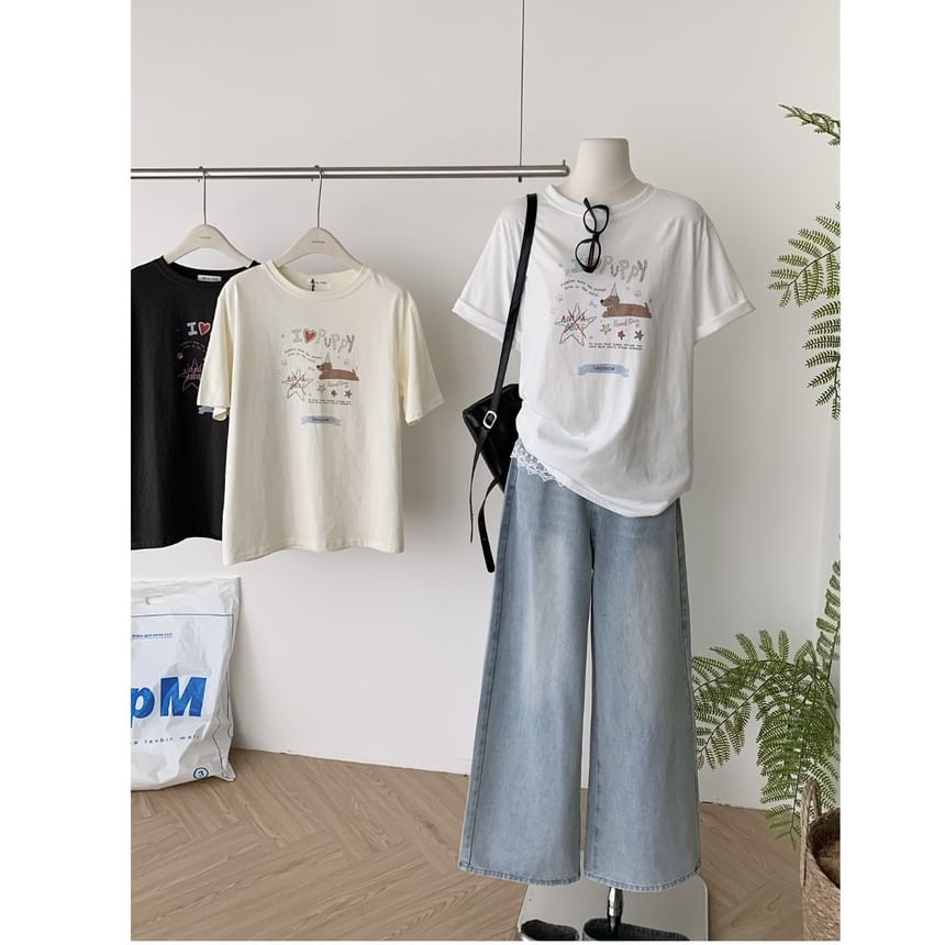 Neck Tee Cartoon Short-Sleeve Crew Print