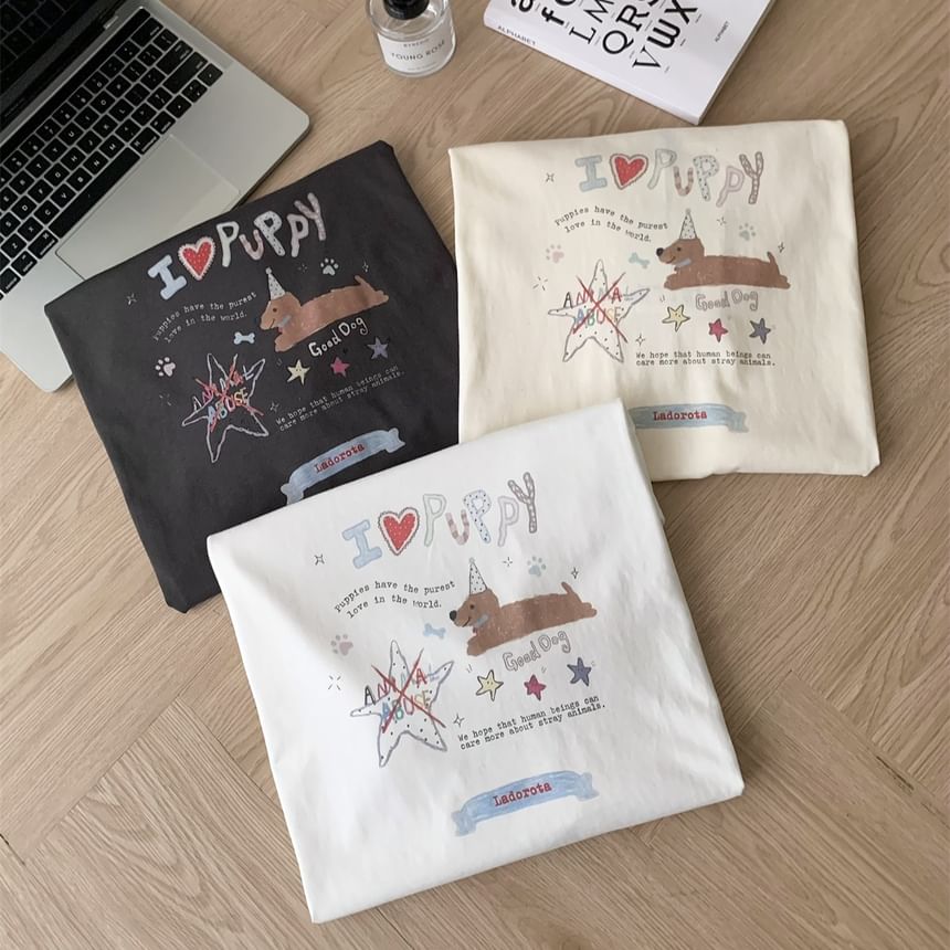 Neck Tee Cartoon Short-Sleeve Crew Print