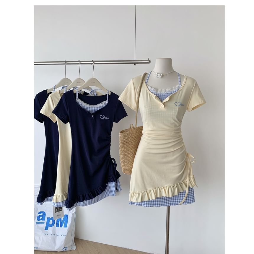 Sheath Two-Piece Panel Short-Sleeve Mini Dress Plaid Scoop Embroidered Mock Drawstring Heart Neck