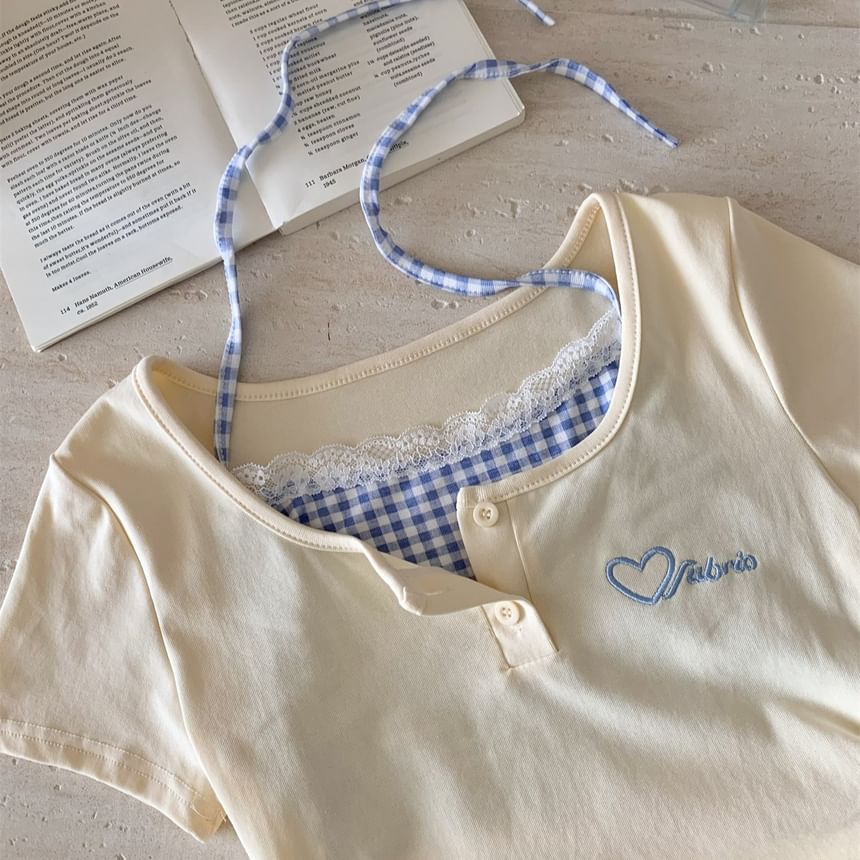 Sheath Two-Piece Panel Short-Sleeve Mini Dress Plaid Scoop Embroidered Mock Drawstring Heart Neck