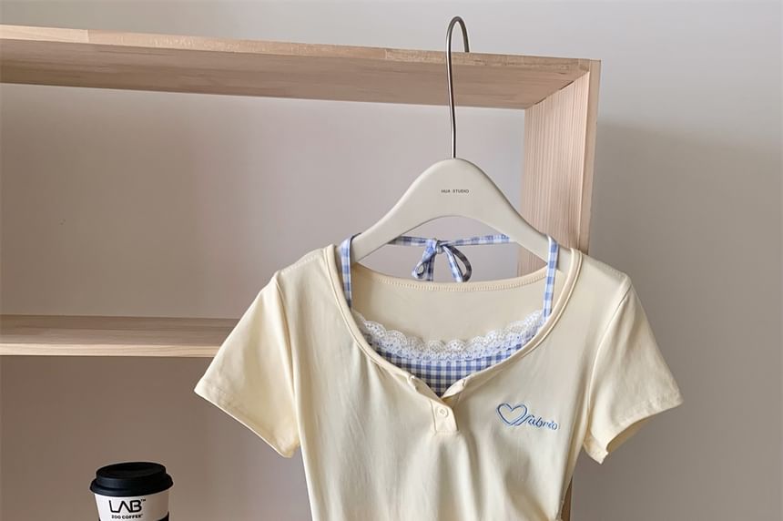 Sheath Two-Piece Panel Short-Sleeve Mini Dress Plaid Scoop Embroidered Mock Drawstring Heart Neck