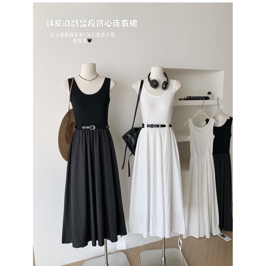 Dress Neck Scoop Plain A-Line Midi Sleeveless