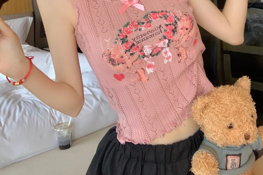 Top Crop Print Floral Lace Tank