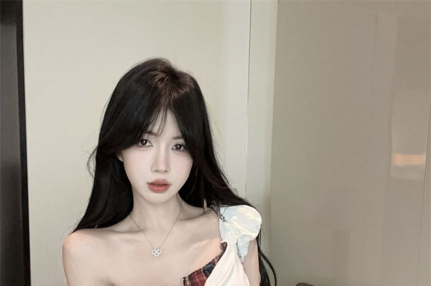 Top Crop Trim Plaid Cap-Sleeve Two-Piece Mock