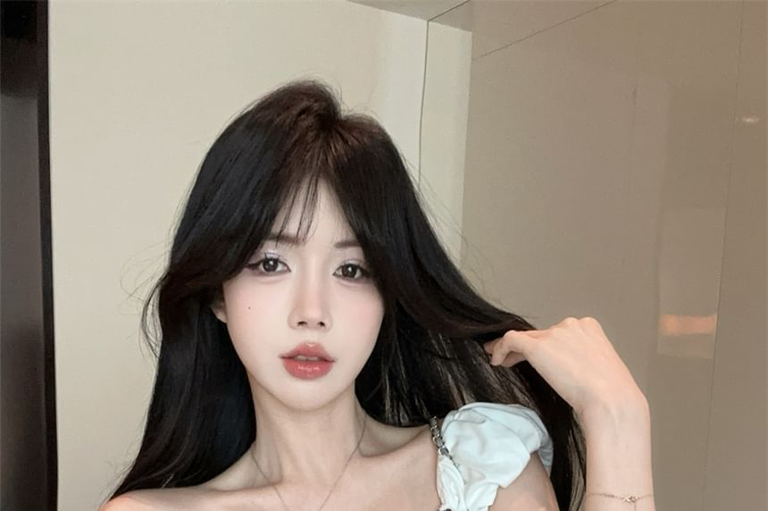 Top Crop Trim Plaid Cap-Sleeve Two-Piece Mock