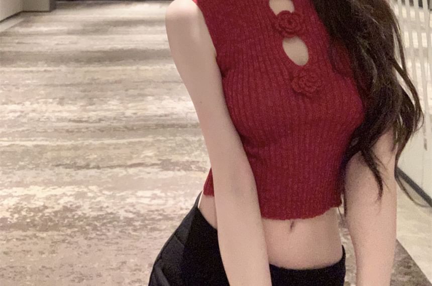 Top Knit Accent Neck Sleeveless Mock Floral Crop