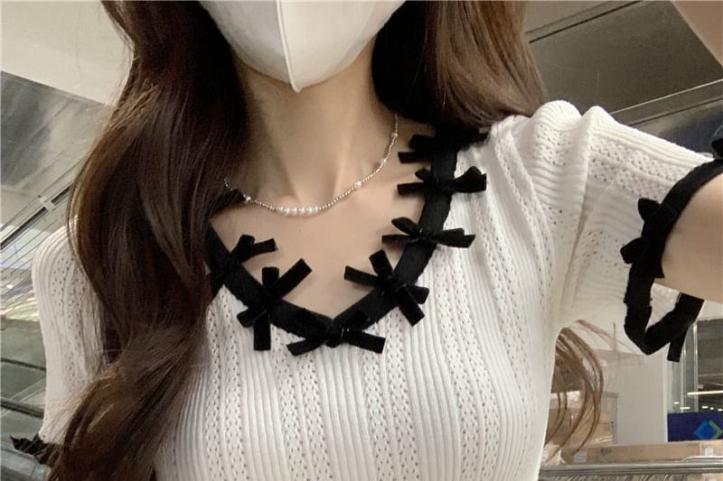 Knit Crop Plain Lace Top V-Neck Trim Short-Sleeve