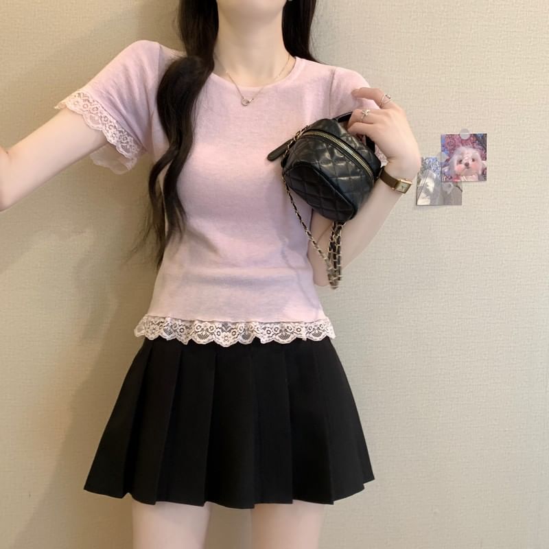 Plain Crewneck Trim Tee Short-Sleeve Lace
