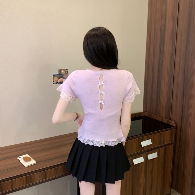 Plain Crewneck Trim Tee Short-Sleeve Lace