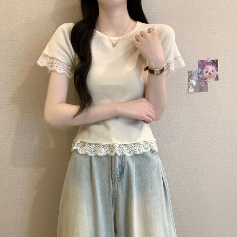 Plain Crewneck Trim Tee Short-Sleeve Lace