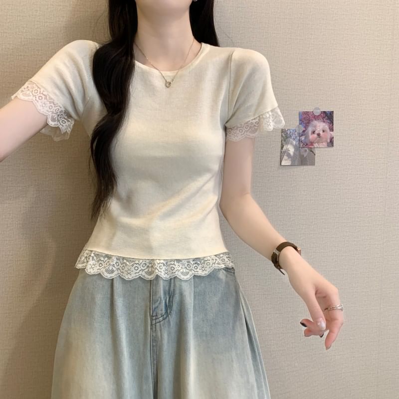 Plain Crewneck Trim Tee Short-Sleeve Lace