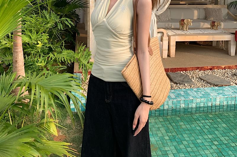 Crop V-Neck Top Rhinestone Sleeveless