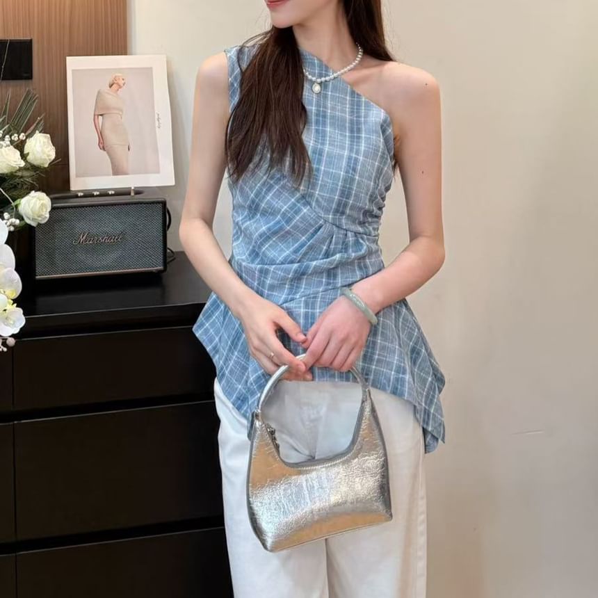 Top Sleeveless Asymmetrical Plaid