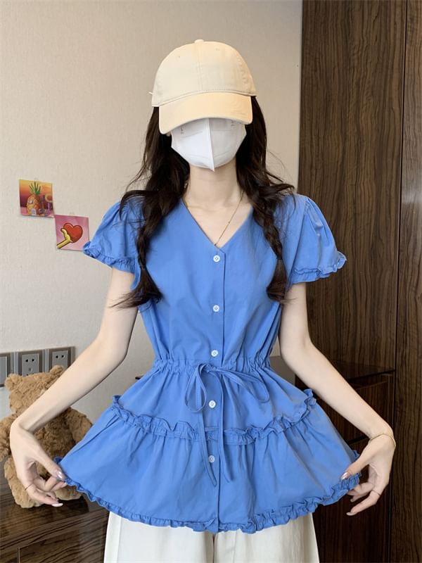 Shirt Frill Plain V-Neck Trim Short-Sleeve Flowy