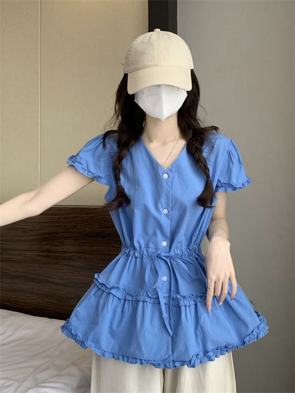 Shirt Frill Plain V-Neck Trim Short-Sleeve Flowy