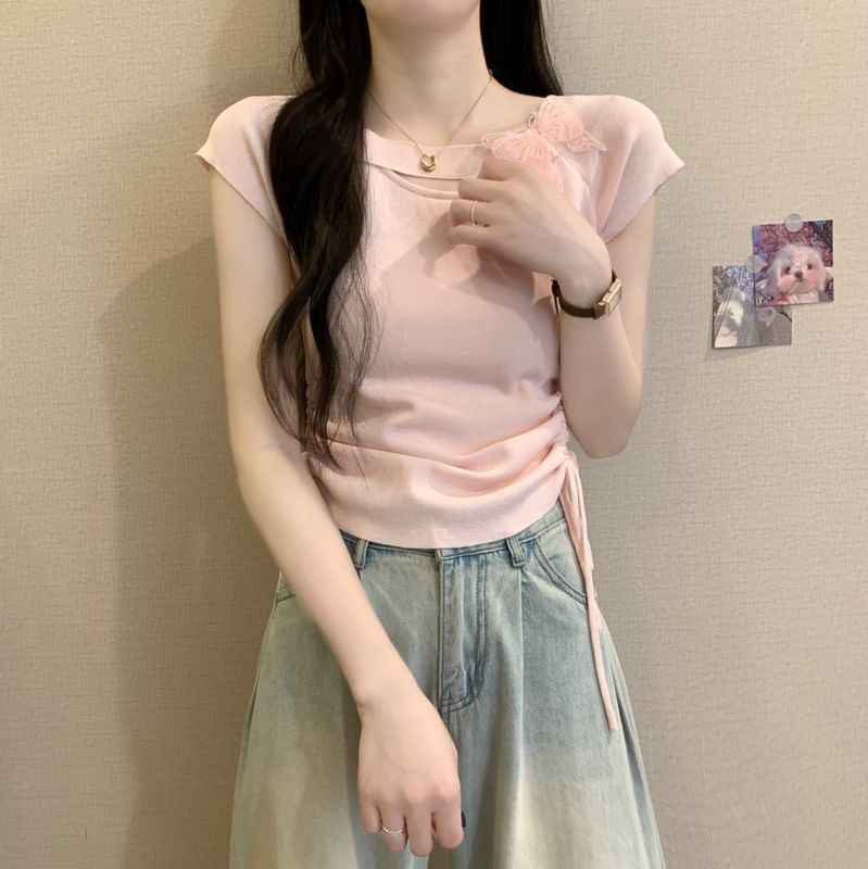 Accent Butterfly Tee Plain Short-Sleeve