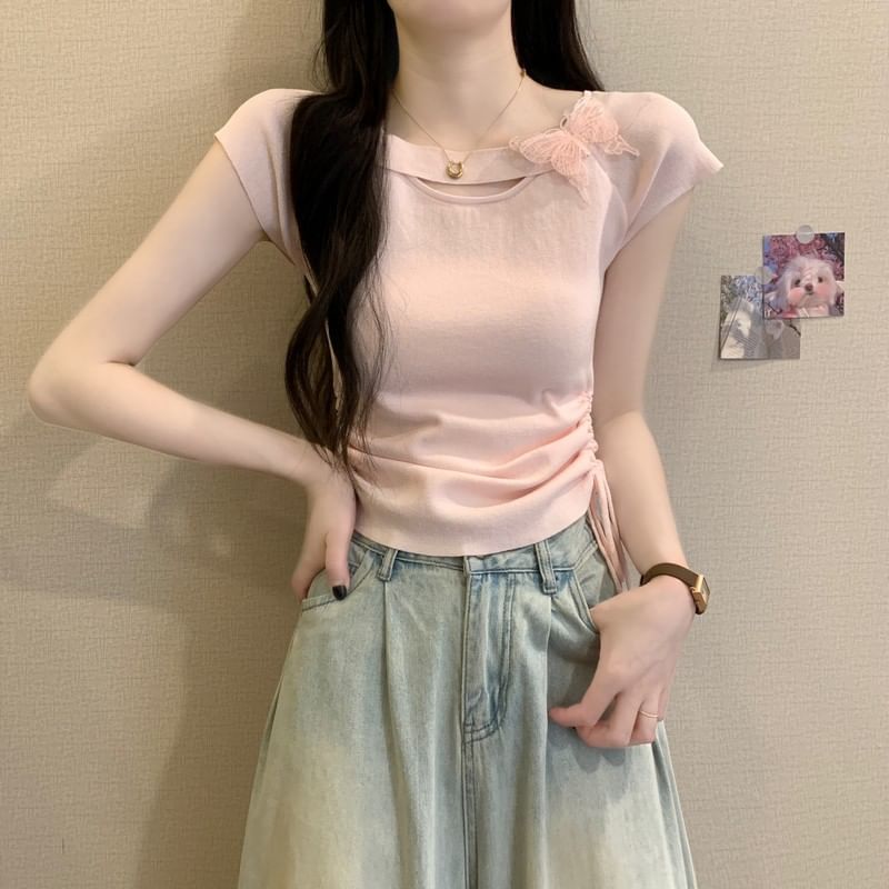 Accent Butterfly Tee Plain Short-Sleeve