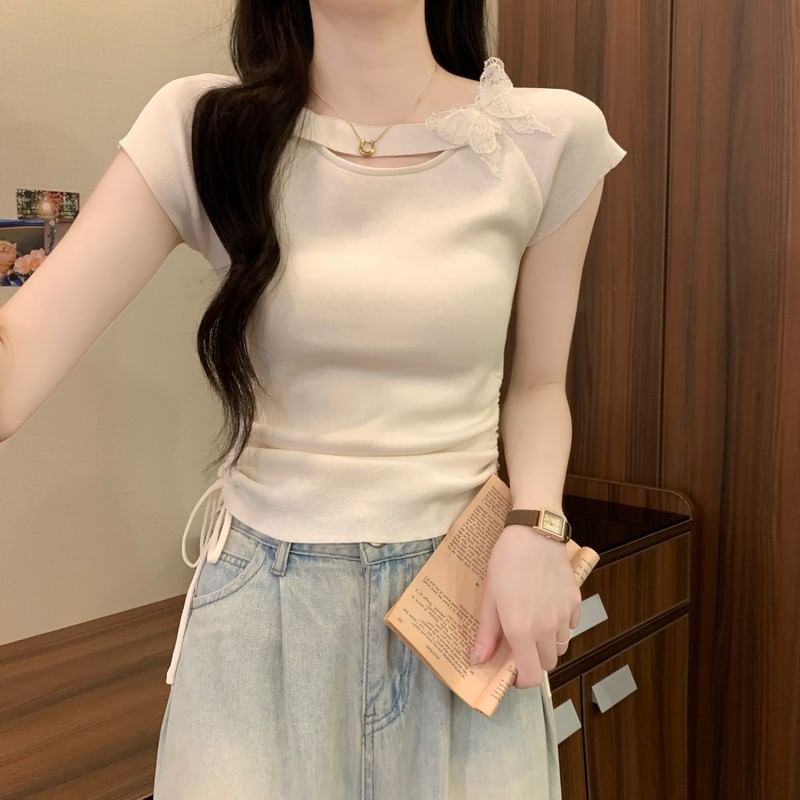 Accent Butterfly Tee Plain Short-Sleeve