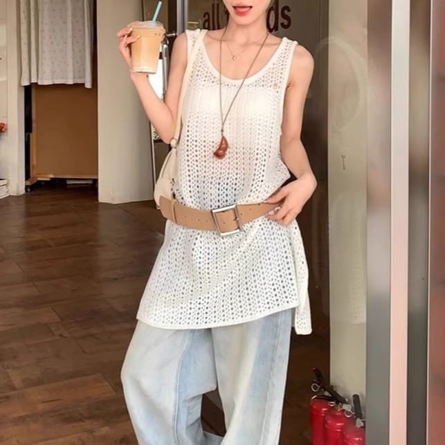 Knit Hem Slit Sleeveless Plain Top