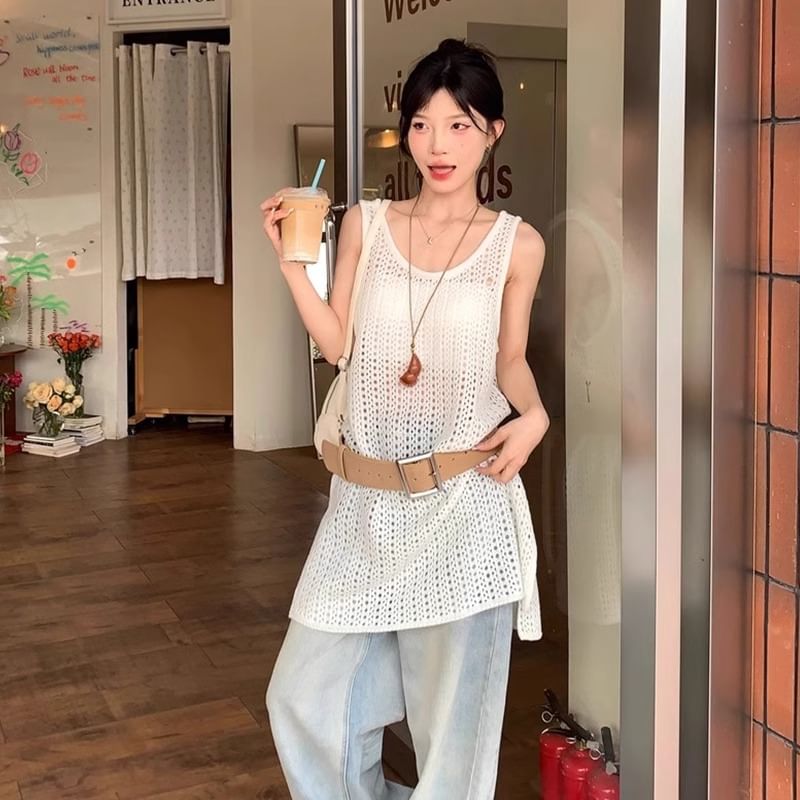 Knit Hem Slit Sleeveless Plain Top