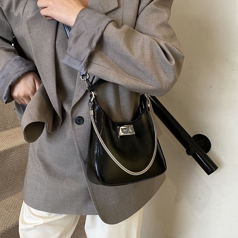 Leather Lock Crossbody Bag Top Handle Faux Twist